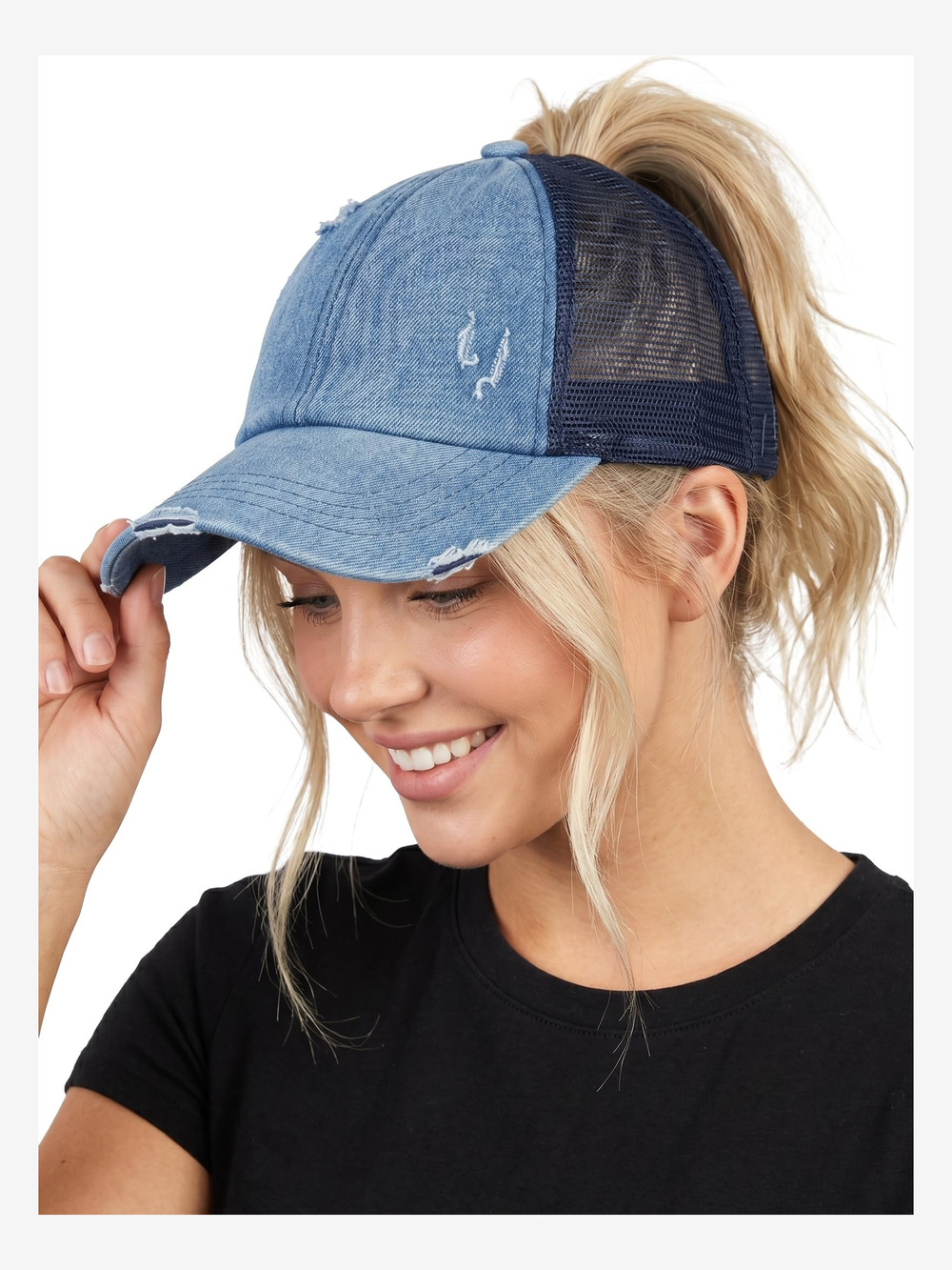 Criss Cross Ponytail Cap, Messy Bun | Navy Mesh, Denim (Distressed) | Size OS